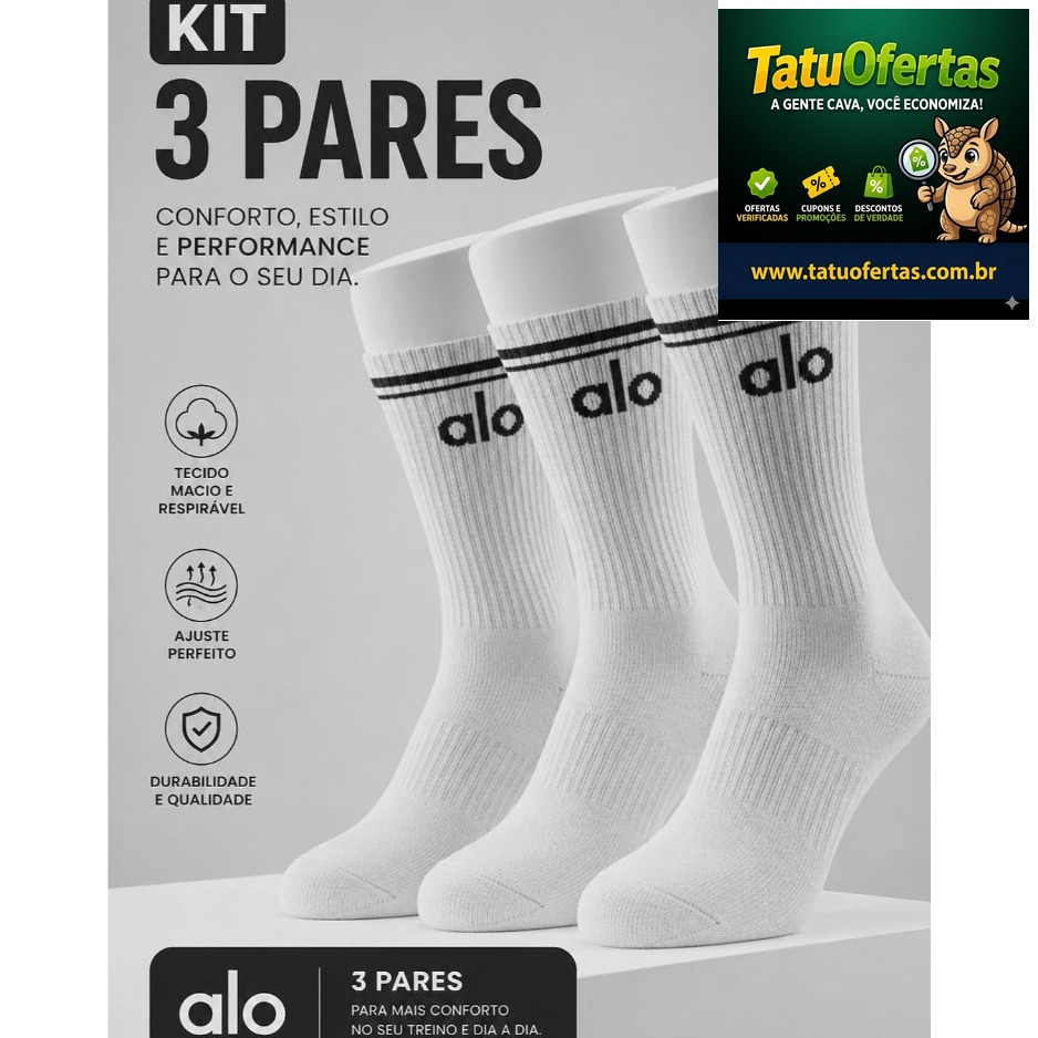 🟠 Meia Academia Kit 3 Pares Cano Longo Premium Algodão Para