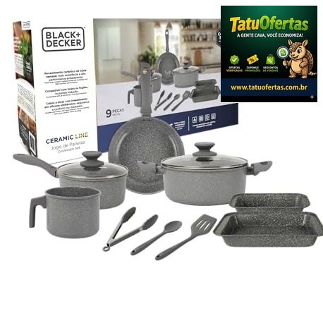 🔵 BLACK+DECKER JOGO DE PANELAS 9 PEÇAS CERAMIC LINE - CORPO COM REVESTIMENTO CERÂMICO ANTIADERENTE 